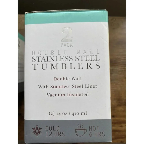 NIB Wellness 2 pk Stainless Steel Tumblers Double Wall 14 oz Silver & Wood Grain - Picture 2 of 4